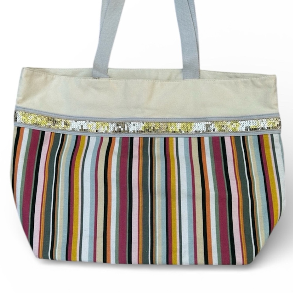 Canvas Spring Summer Beach Resort Striped Tote Bag with Gold Sequins Colourful
